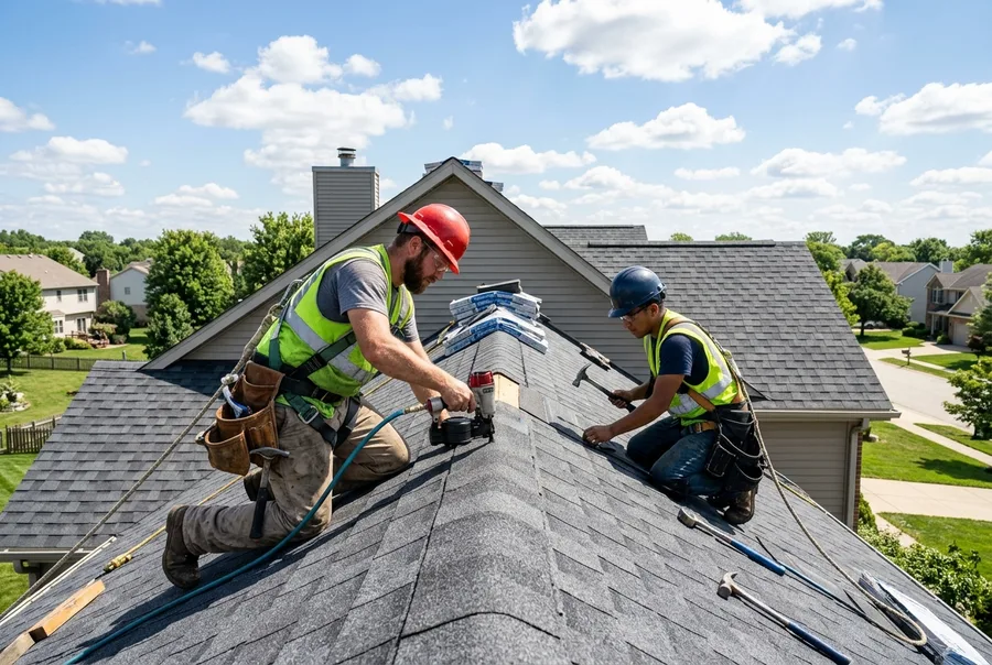 Roof & Nail roofing crew installing architectural shingles in Nesbit